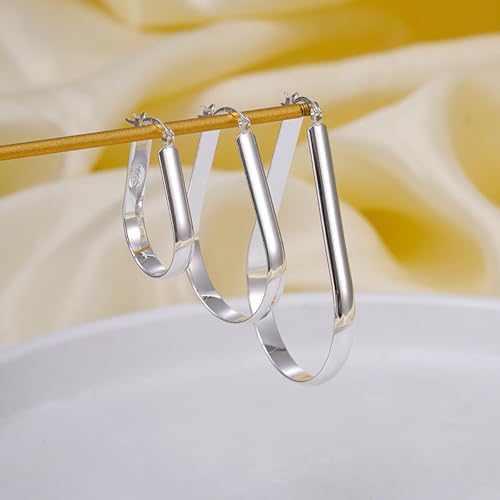 Oval Hoop Earrings 4.8mm Wide Large Chunky Lightweight Big Hoop Earrings 18K Gold Plated Minimalist Jewelry for Women 20/30/40mm - color: Silver-38mm Inner Diameter