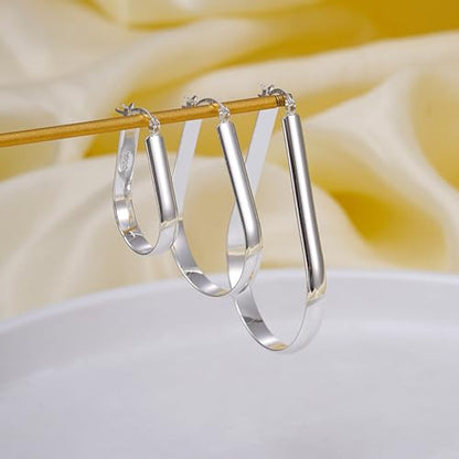 Oval Hoop Earrings 4.8mm Wide Large Chunky Lightweight Big Hoop Earrings 18K Gold Plated Minimalist Jewelry for Women 20/30/40mm - color: Silver-38mm Inner Diameter