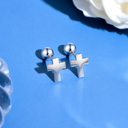 JSGEMSLEE Hypoallergenic 925 Sterling Silver Stud Earrings for Women With Screw Back Small Butterfly Heart Flower Earrings for Girls Tragus Cartilage Jewelry Gifts - color: cross