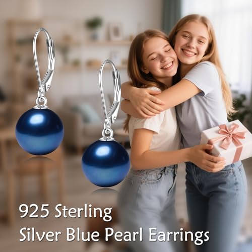 925 Sterling Silver Pearl Leverback Earrings Dangle Drop Jewelry Gifts for Women - style: Navy Blue Pearl