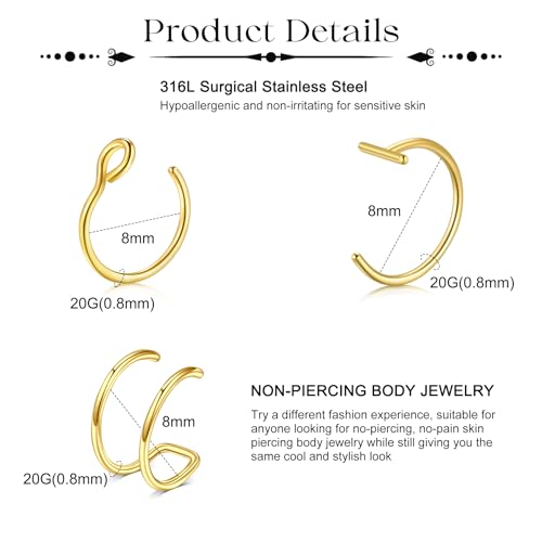 Fake Eyebrow Ring Fake Lip Labret Studs Replacement Balls Spike with 100pcs Sticker Non-Piercing Body Jewelry Fake Skin Piercing - color: A2 -Silver + Gold