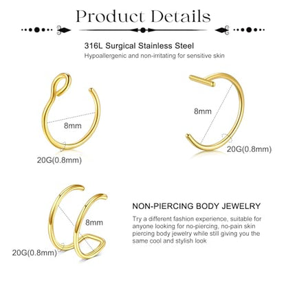 Fake Eyebrow Ring Fake Lip Labret Studs Replacement Balls Spike with 100pcs Sticker Non-Piercing Body Jewelry Fake Skin Piercing - color: A2 -Silver + Gold