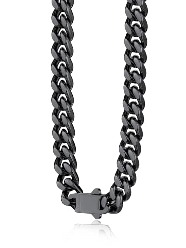 Bestyle Thick Stainless Steel Mens Cuban Link Chain, Black/Gold Chain for Men, No Tarnish & Durable Men Chain Necklace, 5/7/9/12mm Wide, 18"-30" Long, Gift Package - style: 7mm Wide-Black Metal Plated