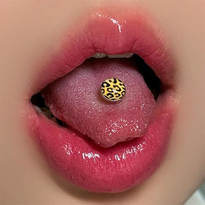 Leopard Print Tongue Ring for Women 14G Stainless Steel Circle Straight Barbell Tongue Rings Internally Threaded 5/7 Inches Piercing Jewelry - color: Yellow