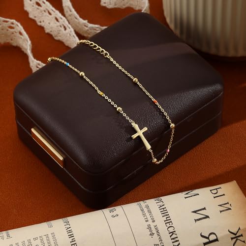 Ankle Bracelets for Women 14K Gold/Silver Plated Cross Heart Bead Anklet Waterproof Adjustable Chain Non Tarnish Cute Boho Trendy Dainty Summer Beach Foot Jewelry Gift for Her - style: Cross-GD