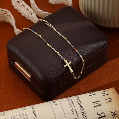 Ankle Bracelets for Women 14K Gold/Silver Plated Cross Heart Bead Anklet Waterproof Adjustable Chain Non Tarnish Cute Boho Trendy Dainty Summer Beach Foot Jewelry Gift for Her - style: Cross-GD