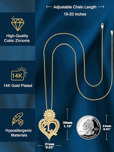 14K Gold Sunflower Initial Necklaces for Women | Heart Letter Pendant You Are My Sunshine Jewelry Gifts - style: L