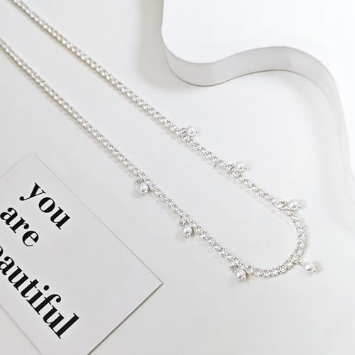 Luxval Tennis Necklace 14K Gold Plated Rhinestone Butterfly Choker Necklaces for women Dainty Zirconia Cut Faux Diamond chain 3mm - color: Silver-Pearl dangle tennis