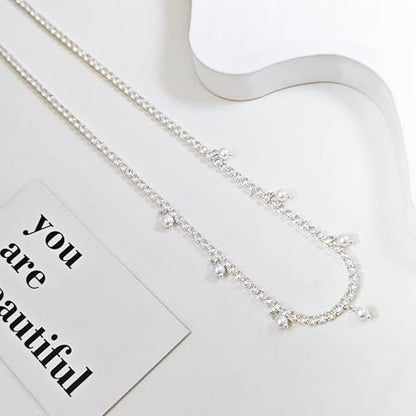 Luxval Tennis Necklace 14K Gold Plated Rhinestone Butterfly Choker Necklaces for women Dainty Zirconia Cut Faux Diamond chain 3mm - color: Silver-Pearl dangle tennis