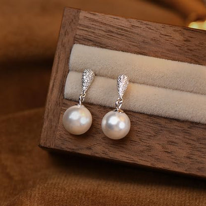 Double Pearl Drop Earrings for Women 925 Sterling Silver | 18k Gold Plated Big Large Pearl Dangle Earrings Pearl Dangling Stud Earring Bridal Wedding Jewelry Birthday Gifts for Mom - color: H-Silver