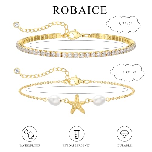 Robaice Anklets for Women, 14K Gold Plated Layered Ankle Bracelets | Waterproof Figaro Link Pearl Anklet, Ankle Bracelets for Women Stackable, Summer Beach Jewelry Gifts Non Tarnish - style: Gold CZ Starfish Anklet