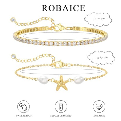 Robaice Anklets for Women, 14K Gold Plated Layered Ankle Bracelets | Waterproof Figaro Link Pearl Anklet, Ankle Bracelets for Women Stackable, Summer Beach Jewelry Gifts Non Tarnish - style: Gold CZ Starfish Anklet