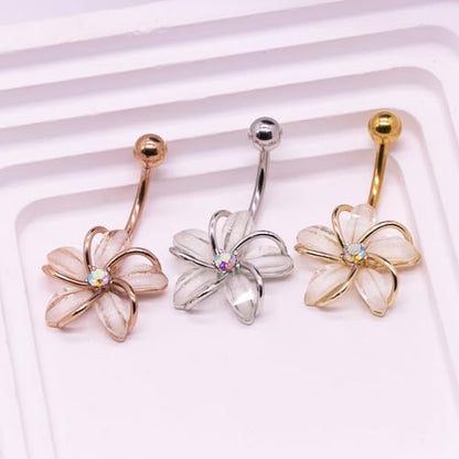 VERAMI 14G 316L Flower Belly Button Ring Surgical Steel Cute Flower Belly Button Ring Body Piercing Jewelry - color: SILVER & ROSE GOLD