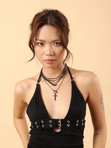 Sacina Goth Layered Cross Choker Necklace, Gothic Punk Grunge Emo Necklace, Christmas Jewelry Gift for Women - color: Black