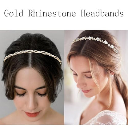 Rhinestone Headbands for Women Silver Bridal Headband Crystal Headpiece | Flower Leaf Girl Tiara Crown Head Band Wedding Hair Accessories for Girls, 4 Pcs - color: Gold
