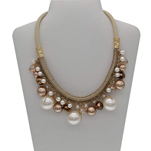 utop JNF Hand made Pearl Statement Necklace for Women Rhinestone Multilayer Crystal Necklaces Chunky Pearl Necklace Large Pearl Necklace and Earrings Set for Mother Mom's gift - color: champagne pearl necklace leather