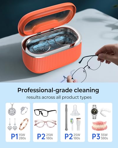 35W Ultrasonic Jewelry Cleaner, 45KHz Retainer Cleaner for Jewelry, 5 Timer & 3 Power Modes, Eyeglasses, Rings, Watch Strap, Dentures - 20oz, 304 Stainless Steel Tank, Quiet <38dB (Orange) - color: Orange