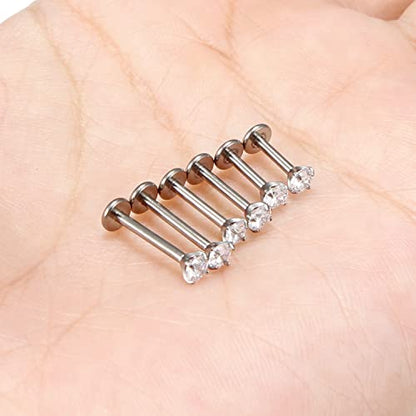 20G 18G 16G Titanium Flat Back Nose Rings Studs Hypoallergenic Lip Labret Monroe Medusa Internally threaded Tragus Cartilage Helix Earrings Studs Piercing Jewelry for Women Men 6mm 8mm 10mm - color: 18G -Flat Back With Screw on Tops+Clear CZ