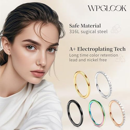 2Pcs Nose Ring Hoop Set: 14G 16G 18G 20G 316L Surgical Steel Septum Rings Hypoallergenic Body Jewelry 6/7/8/9/10/12MM Cartilage Earrings for Women Men - color: Gold-Single+Single CZ