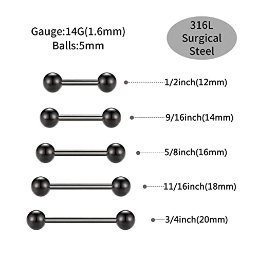 GAGABODY 5 Pairs Nipple & Tongue Rings - 14G Surgical Steel Screw Barbell - Straight, 12mm-20mm - color: Black+Gold