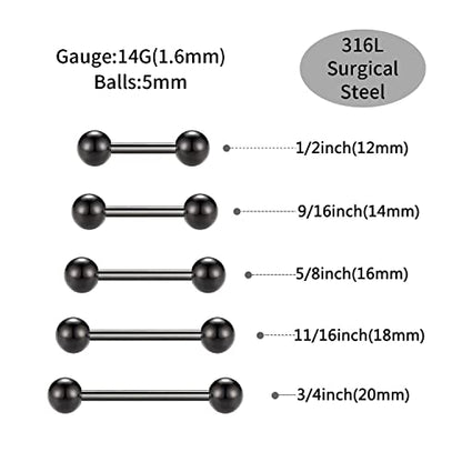 GAGABODY 5 Pairs Nipple & Tongue Rings - 14G Surgical Steel Screw Barbell - Straight, 12mm-20mm - color: Black+Gold