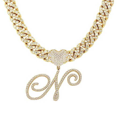Initial Necklaces Silver Cuban Link Chain for Women Iced Out Chain with Heart Letter Pendants Custom Chain Name Necklace Hip Hop Jewelry Gift - color: N Gold