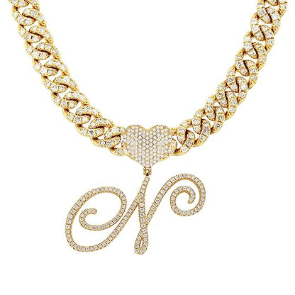 Initial Necklaces Silver Cuban Link Chain for Women Iced Out Chain with Heart Letter Pendants Custom Chain Name Necklace Hip Hop Jewelry Gift - color: N Gold