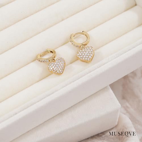 CZ Heart Dangle Earrings for Women 14K Gold Plated Pave Cubic Zirconia Heart Drop Huggie Hoop Earrings Minimalist Small Cute Crystal Love Jewelry Gifts Her Mom Daughter [HER-CZ] - color: Gold