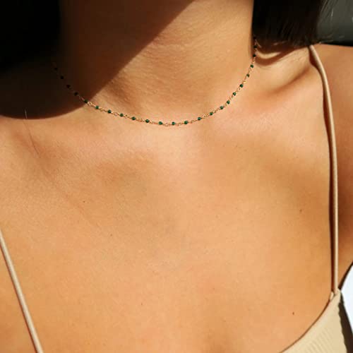 MTMY Beaded Necklaces for Women 14K Gold Plated Dainty Colorful Green/Rose Beaded Pearl Choker Necklace Delicate Boho Choker Necklace Jewelry Gift - style: Crystal-green