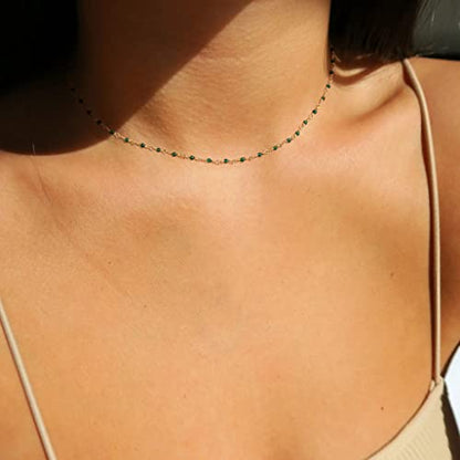 MTMY Beaded Necklaces for Women 14K Gold Plated Dainty Colorful Green/Rose Beaded Pearl Choker Necklace Delicate Boho Choker Necklace Jewelry Gift - style: Crystal-green