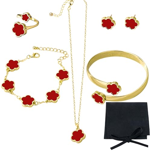 Lucky Flower Alloy Jewelry, Lucky Flower Design Necklace Earrings Bracelet Bangle Ring Jewelry Set, Clover Gold Plated Chain Wrap Ornament & Plush Pouch for Women - color: Red
