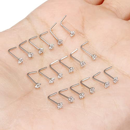 18G 20G 22G Nose Rings Studs with Cubic Zirconia 316L Surgical Steel Straight Screw L Shaped Nose Studs Piercing Jewelry for Women Men Girl CZ 1.5mm 2mm 2.5mm 3mm 20Pcs - color: C:22G L Shaped- Silver 1.5mm