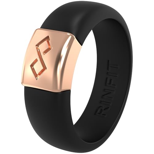 Rinfit Silicone Rings for Women 6mm Wide & Men 7mm Wide, 2mm Thick - Silicone Wedding Bands- Infinity Ring with Metal Plate - Patented Design - color: Pack B: Black / Rose Gold, size: Size 9, style: Women