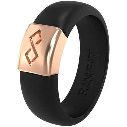 Rinfit Silicone Rings for Women 6mm Wide & Men 7mm Wide, 2mm Thick - Silicone Wedding Bands- Infinity Ring with Metal Plate - Patented Design - color: Pack B: Black / Rose Gold, size: Size 5, style: Women