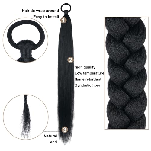 LyoRuSi Black Ponytail Extension 2 Pack Braid Ponytail Extension with Tie | 26 Inch Long Braided Ponytail Extension, Straight Sleek Wrap Around Braid Hair Extensions Ponytail - color: Black#, size: 26 Inch（Pack of 2）