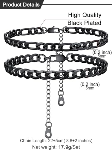U7 2Pcs/3Pcs Ankle Bracelets for Women, Stainless Steel Cuban Link/Figaro/Rope/Heart Chain Anklets Sets,Waterproof Layered Anklets Adjustable 8.5"-10.5" - color: 01. 2Pcs Style A-Black