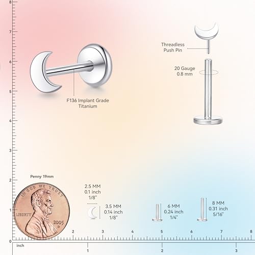 limerencia Titanium Threadless Flat Back Earrings Stud Piercing Jewelry | 20G Press Fit Titanium Push Pop in Cartilage Tragus Labret Lip Medusa Conch Piercing Jewelry Hypoallergenic for Women Men - style: Moon Silver