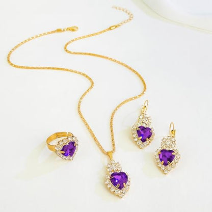 MALOYANVE 4PCS Crystal Heart Jewelry Set Glitter Gold Cubic Zirconia Love Heart Pendant Necklace Lightweight Hoop Earrings Bangle Bracelet Adjustable Open Ring Prom Wedding Jewelry for Women - color: Purple