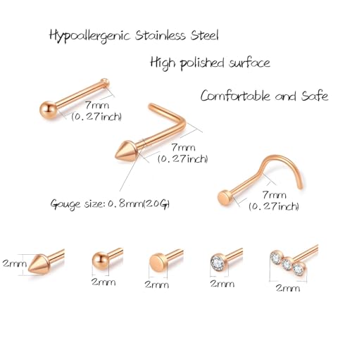 Surgical Steel Nose Ring 16G 18G L Shape Nose Studs Body Piercing for Women - color: D-Rose Gold
