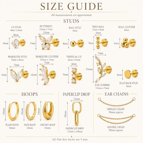 16 Single Gold Flat Back Earrings Set, Cartilage Piercing Jewelry | 316L stainless steel, 18K gold plated, nickel-free and hypoallergenic; studs, hoops, climbers and chains for ear stacks.