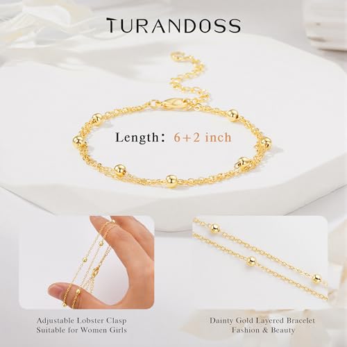 Turandoss Bracelets for Women Trendy | 14K Gold Plated, Dainty CZ Satellite Beads Heart Bracelet Stackable Link Chain Butterfly Bracelet Set Jewelry Gifts - color: Satellite Beaded Link Bracelet
