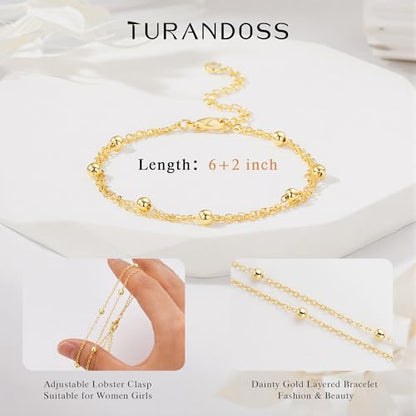 Turandoss Bracelets for Women Trendy | 14K Gold Plated, Dainty CZ Satellite Beads Heart Bracelet Stackable Link Chain Butterfly Bracelet Set Jewelry Gifts - color: Satellite Beaded Link Bracelet