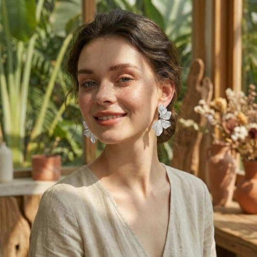 Chunky Gold Plated Flower Statement Drop Earrings for Women | Hypoallergenic 18K Gold Plated Textured Petal Wing, Large Statement Dangle Earrings for Wedding Party - color: silver