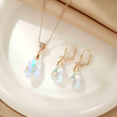Austrian Crystals Teardrop Pendant Necklace Earrings for Women 14K Gold Plated Hypoallergenic Leverback Drop Dangle Earrings Jewelry Set - color: Aurora Borealis