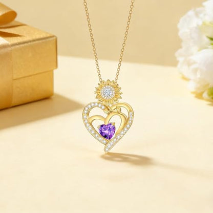 Midari Sunflower Necklace 18k Gold Plated Heart with Brithstone You Are My Sunshine Necklace Anniversary Birthday Sunflower Jewelry Gift for Women Wife Mom - color: 02-February