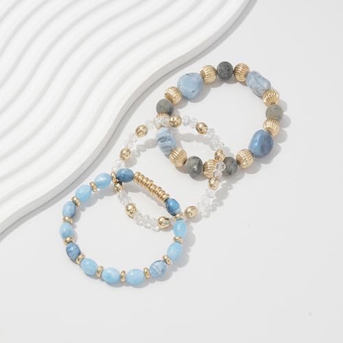Boho Beaded Stretch Bracelets For Women Stackable Crystal Gold Plated Beaded Bracelets Set Trendy Handmade Friendship Braeclet Jewelry Gifts - color: L-Blue white 3pcs
