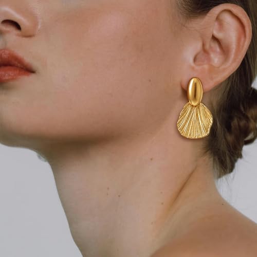 OGD Chunky Gold Statement Earrings For Women Trendy Gold Plated Sectored Flower Leaf Angel Wing Earrings Large Stud Jewlery Hypoallergenic - color: Shell-Gold