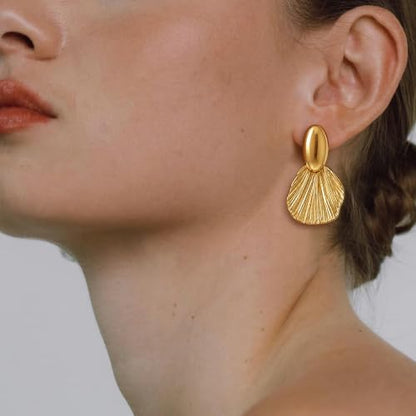 OGD Chunky Gold Statement Earrings For Women Trendy Gold Plated Sectored Flower Leaf Angel Wing Earrings Large Stud Jewlery Hypoallergenic - color: Shell-Gold
