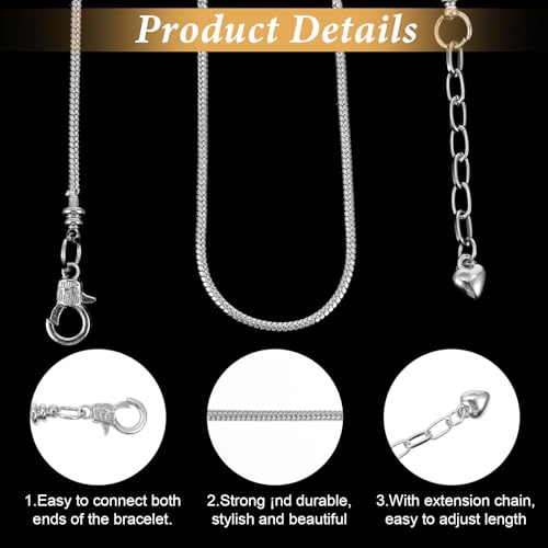 Molain 40 Pieces Silver Snake Charm Bracelet Chains, 7.87 Inch Adjustable Jewelry Making Charm Bracelet with Heart Extender Chains for DIY Women Gifts