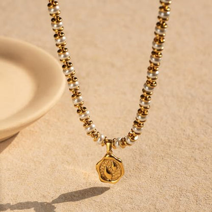 NUZON Sunburst Heart / 2-Tone Interlocking/CZ Evil Eye/Single Pearl/Love Heart Pendant Necklace for Women 14K Gold Chain Necklace Chunky Statement Jewelry - color: Pearl Beaded & Teardrop Pendant